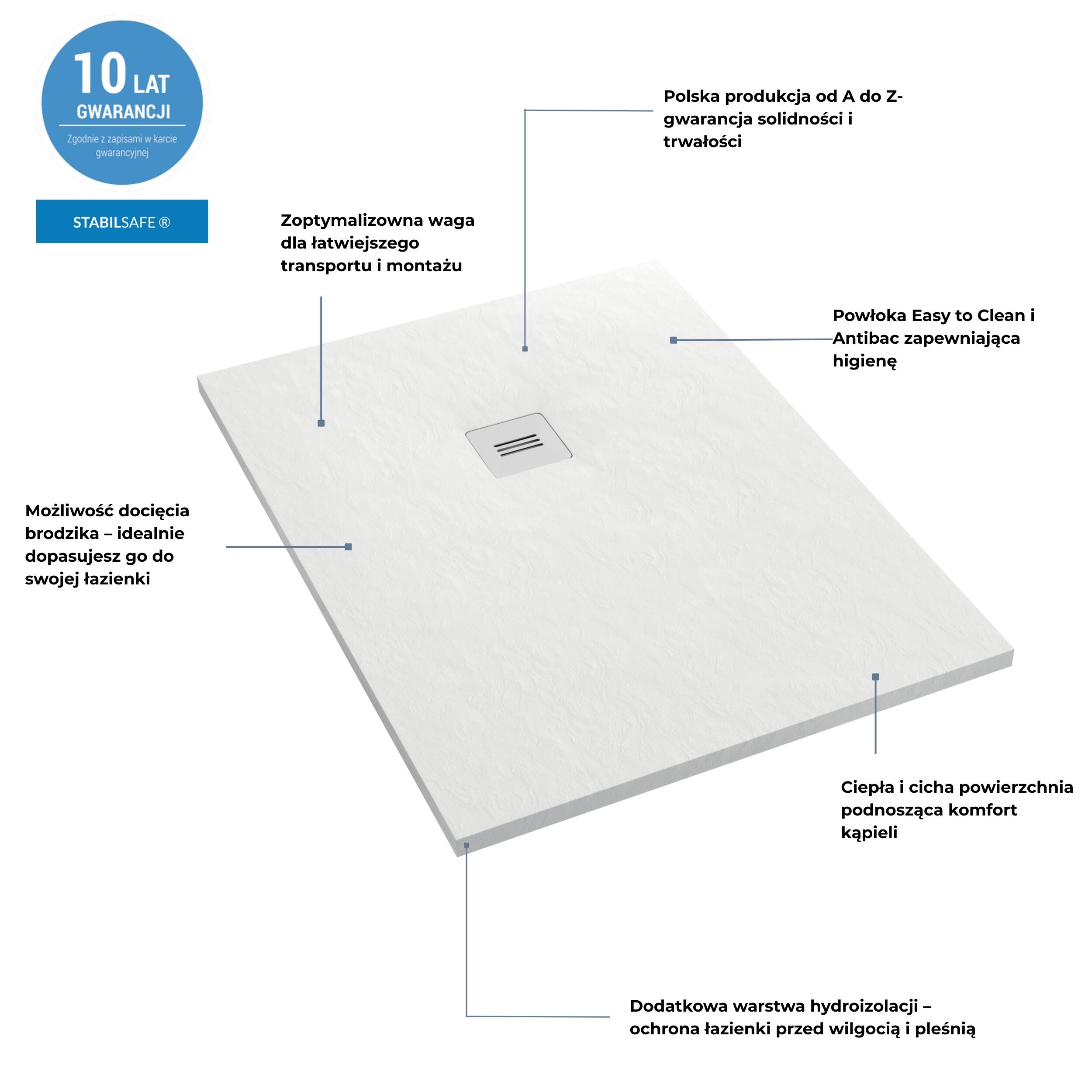 Brodzik prostokątny Schedpol Balans 80 × 100 x 3,5 cm biały kamień - 11