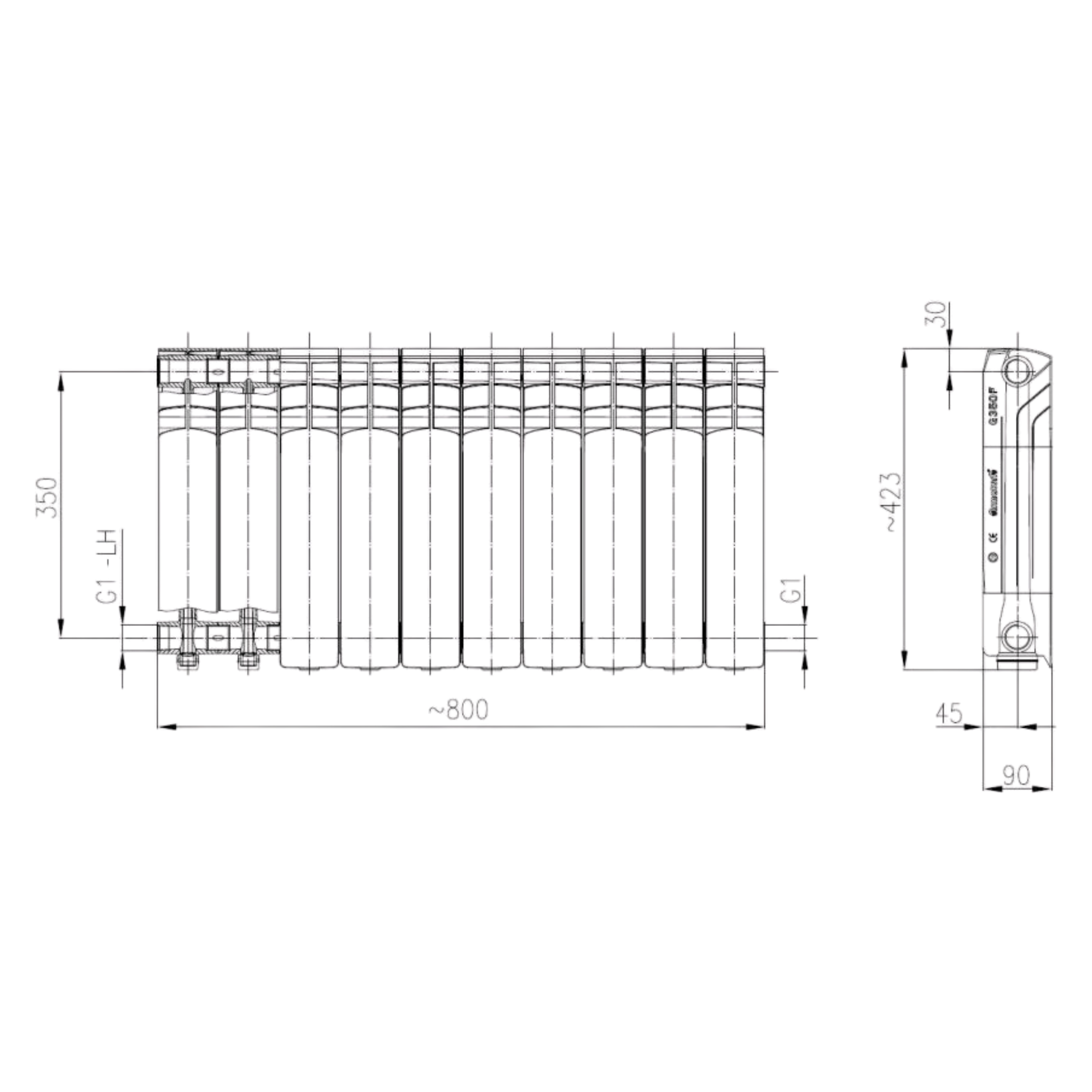 Grzejnik aluminiowy G350F 42x80 cm biały KFA - 3