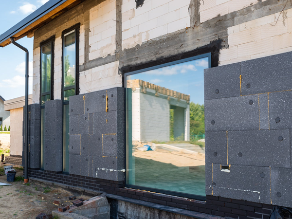 Instalacja szarego styropianu grafitowego na ścianach zewnętrznych domu jednorodzinnego podczas budowy.