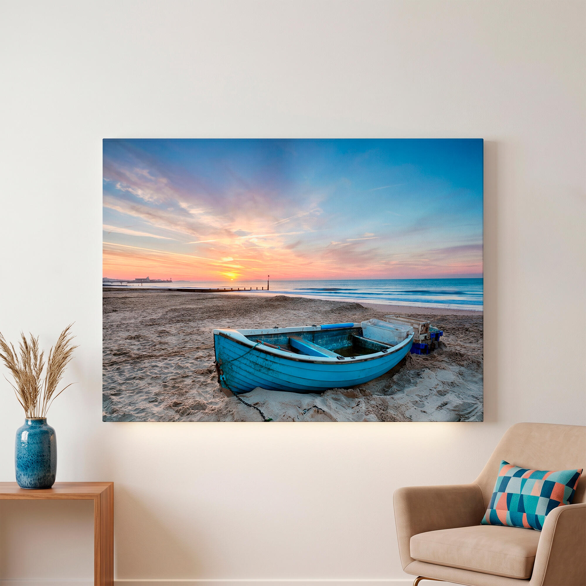 Pintura impresa sin marco urban city rectangular de 140 x 100 cm. mdf barcas pasteles cálidos