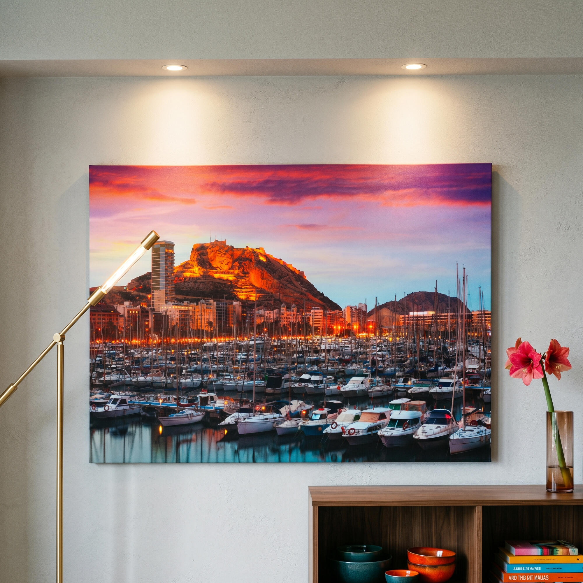Pintura impresa sin marco urban city rectangular de 140 x 100 cm. mdf alicante pasteles cálidos