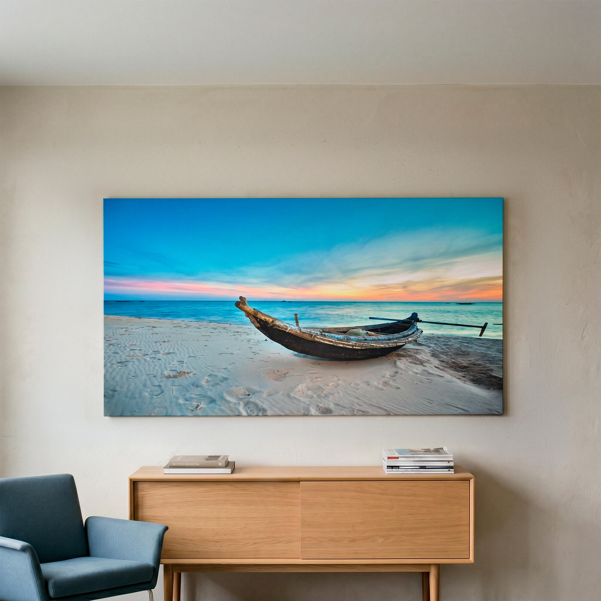 Pintura impresa sin marco urban city rectangular de 120 x 60 cm. mdf barcas pasteles cálidos