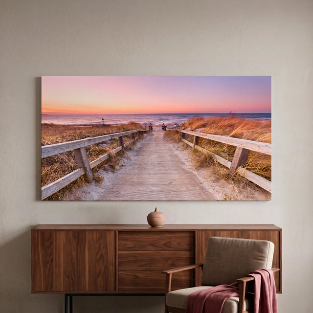 Pintura impresa sin marco Urban city rectangular de 120 x 60 cm. MDF Playa pasteles cálidos