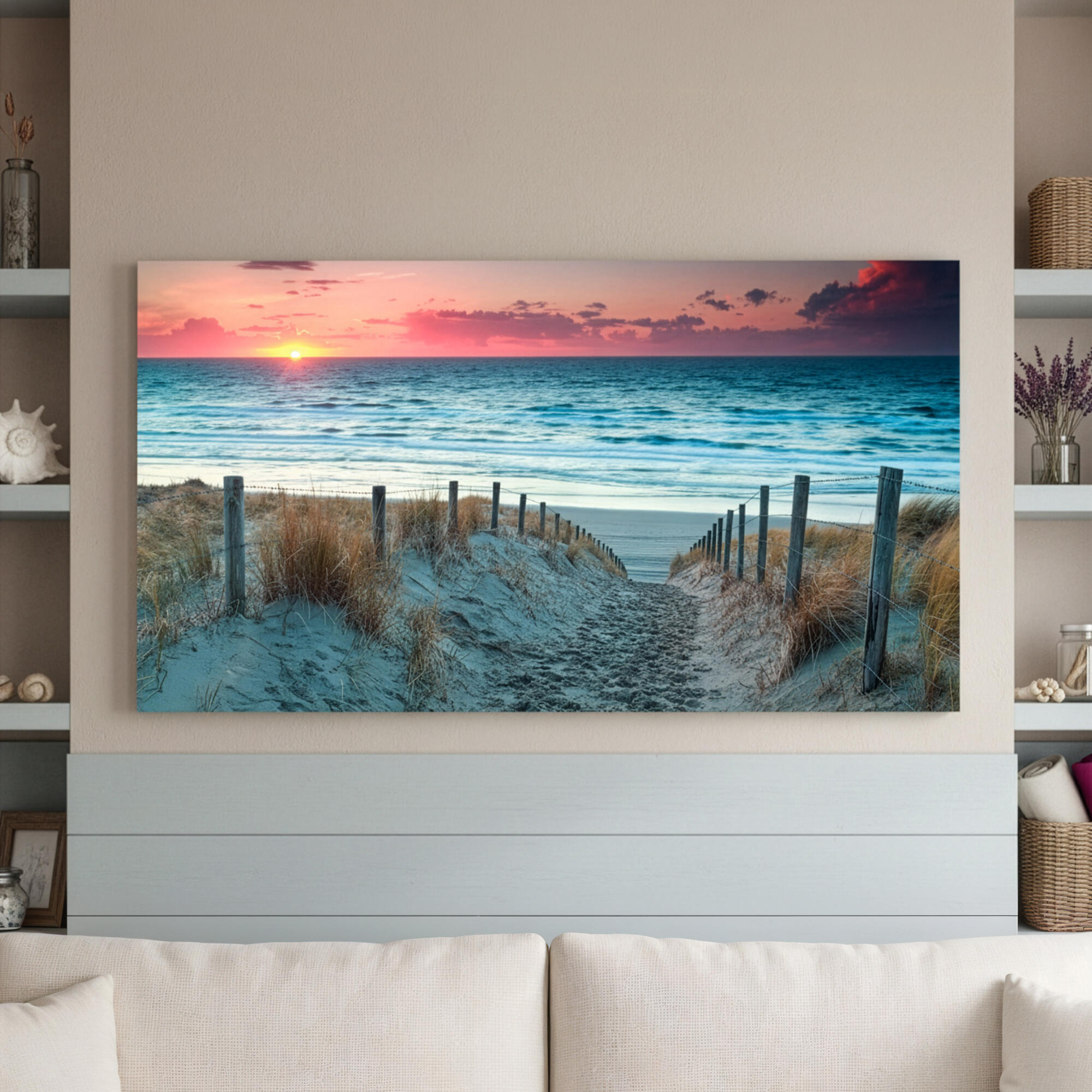 Pintura impresa sin marco urban city rectangular de 120 x 60 cm. mdf camino playa pasteles cálidos