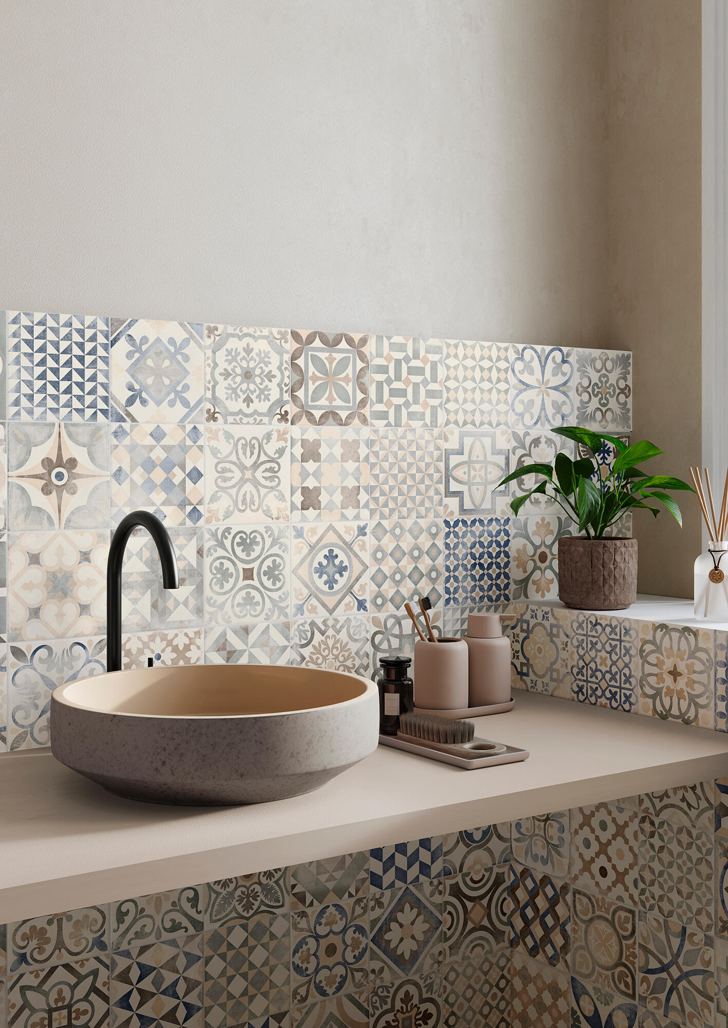 Suelo/azulejo piscina porcelánico heritage efecto hidráulico azul, beige, gris, ocre, marrón y verde 33.15x33.15 cm c1 gaya fores