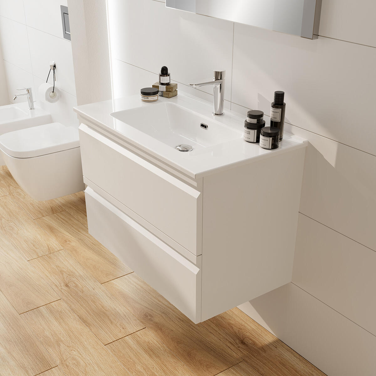 Mobile bagno sospeso con lavabo Pull L 80 x H 56 x P 46 cm bianco opaco in mdf 2 cassetti per vasca centrale , piedini non inclusi - 4