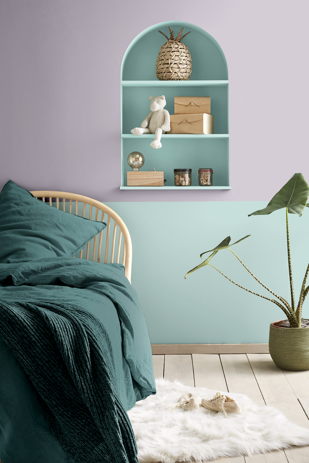 Diapositive Vert aqua et parme : l'alliance parfaite pour une chambre pleine de vie