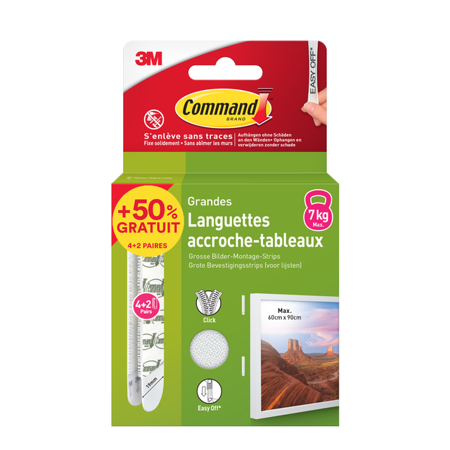 6 paires de languettes adhésives blanc de fixation de tableaux 7kg max COMMAND