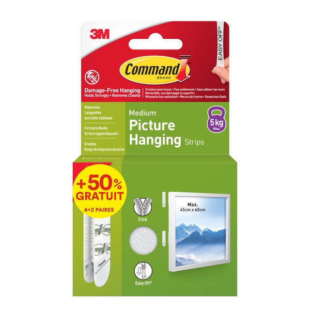 4+2 paires de languettes adhésives blanc de fixation de tableaux 5kg max COMMAND