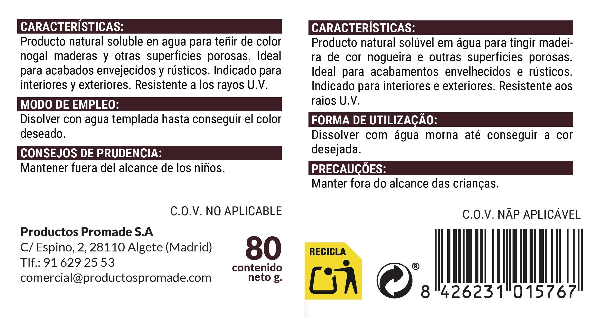 Colorante de madera interior PROMADE Nogalina en polvo en color nogal, acabado mate para mobiliario líquido de 80 gr. Base agua. - 7