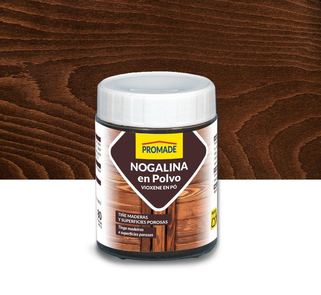Colorante de madera interior PROMADE Nogalina en polvo en color nogal, acabado mate para mobiliario líquido de 80 gr. Base agua.