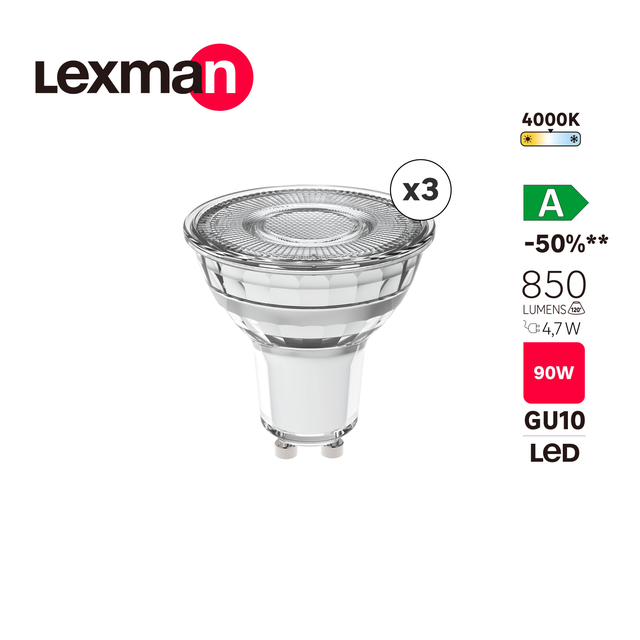Pack de 3 bombillas LED GU10 4.7W 850 lm blanco neutro