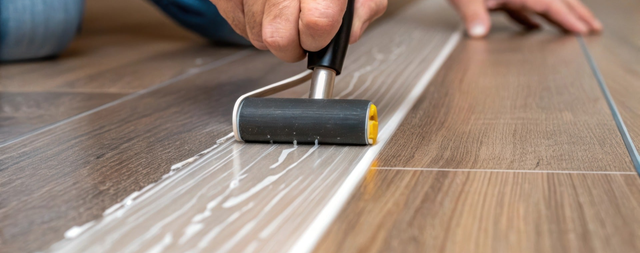 Dociskanie wałkiem spoiny między panelami winylowymi podczas klejenia podłogi LVT w trakcie prac wykończeniowych.