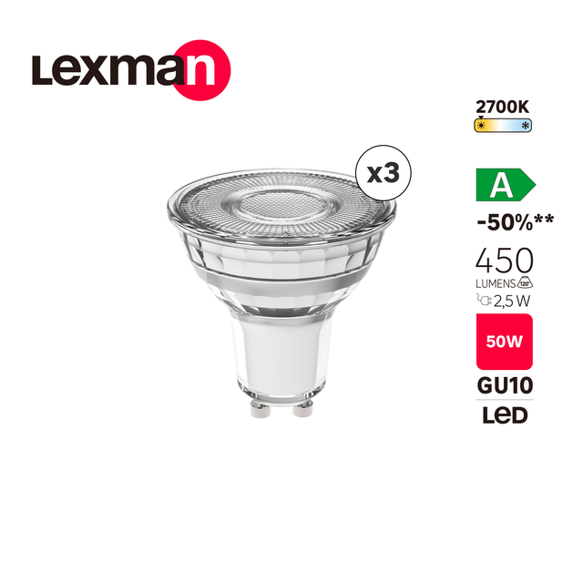 3 ampoules led réflecteur GU10, 450lm, classe énergétique A, blanc chaud LEXMAN