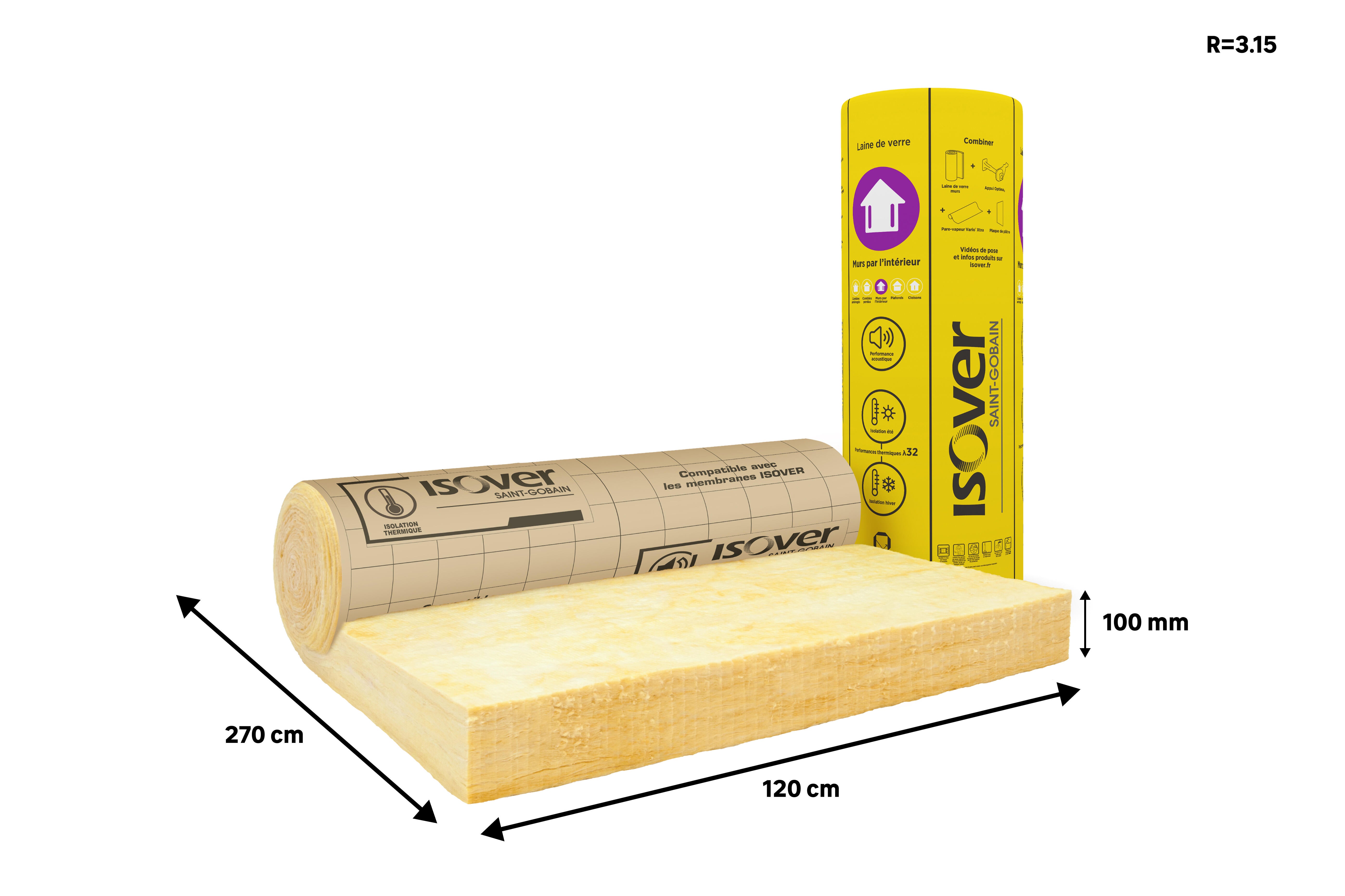 Rouleau laine de verre mur ISOVER 032 kraft, Ep.100mm, 2.7x1.2m, R3.15 - 2