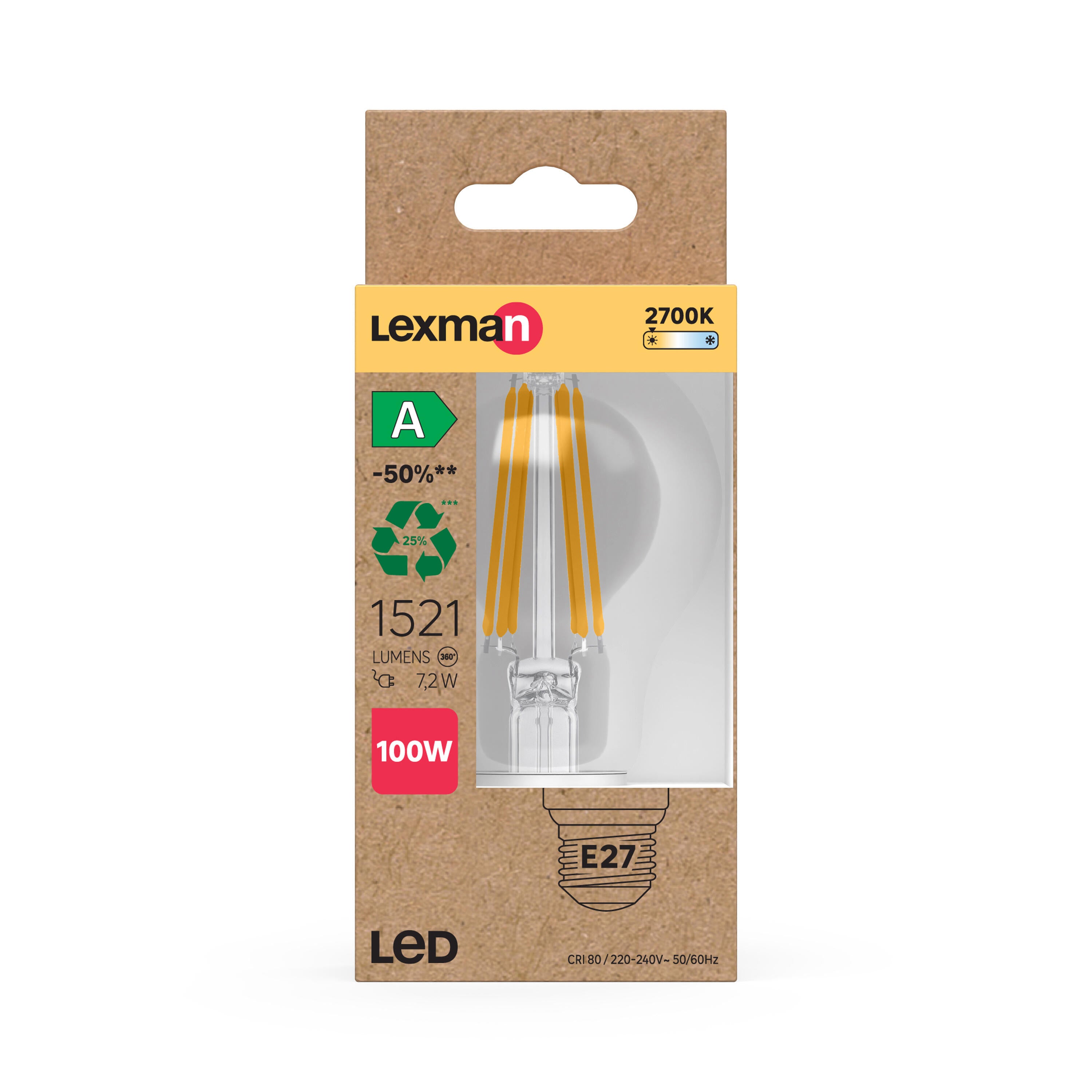 Lampadina LED filamento, E27 goccia, trasparente, luce calda, 7.2W = 1521 LM (equiv 100 W) classe energetica A, LEXMAN - 2