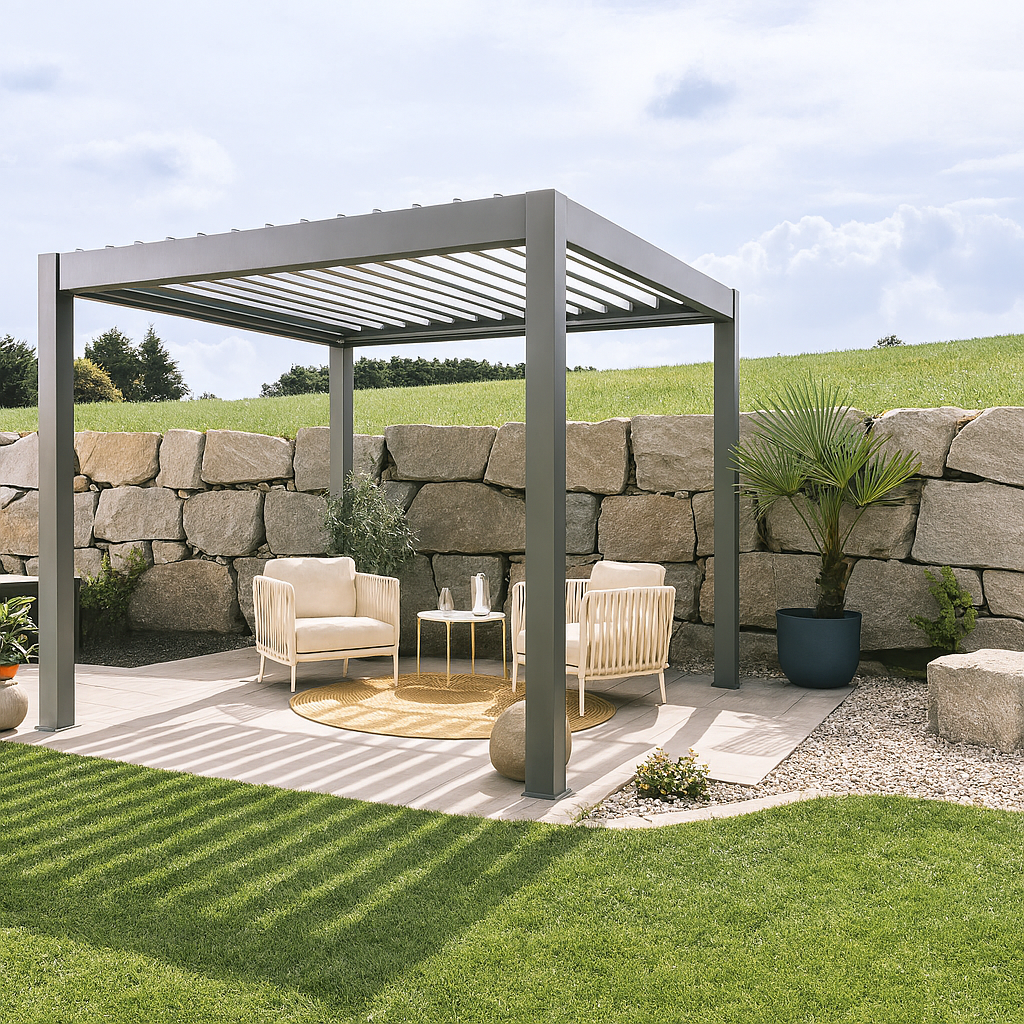 pergola bioclimatica de acero biohort outdoor living gris y lama gris claro de 460 x 3675 x 264 cm manual