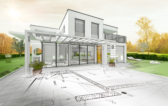Przedstawienie projektu architektonicznego nowoczesnego domu jednorodzinnego na tle rzutu technicznego budynku.
