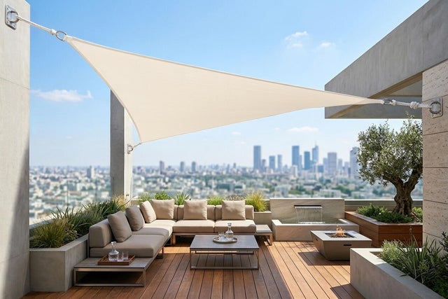 Toldo vela FBurgos de 3,6x3,6 metros en color beige y de forma triangular
