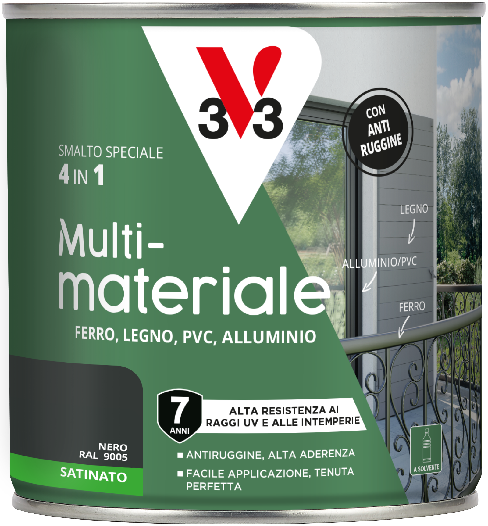Vernice da esterno diretto sulla ruggine per legno e alluminio e ferro e plastica V33 4in1 nero ral9005 satinato, 0.5 l - 7