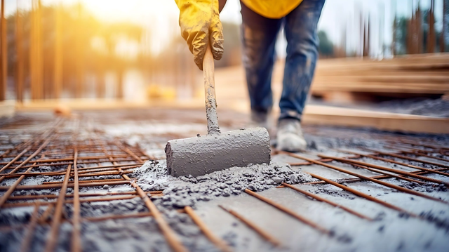 Zagęszczanie świeżego betonu ubijaniem na siatce zbrojeniowej podczas betonowania stropu na placu budowy.