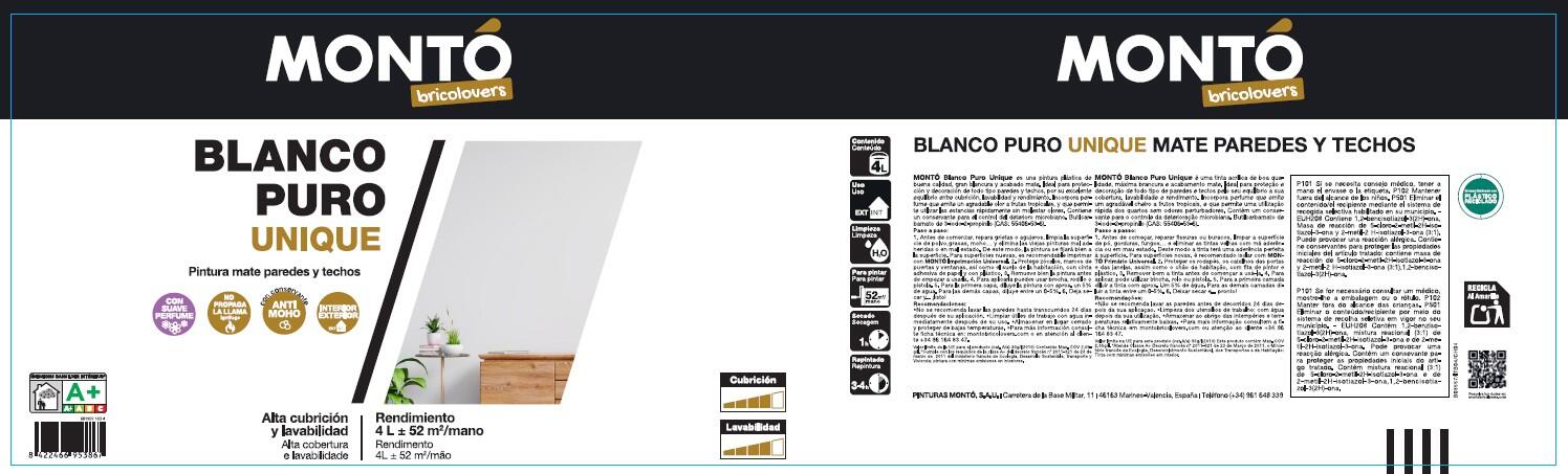 Pintura de interior Unique Blanco Puro MONTÓ color blanco puro mate 4L para paredes y techos - 5