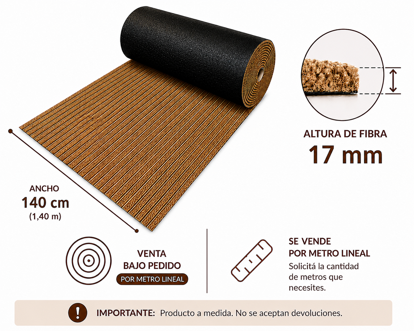 Felpudo de coco natural 17 mm · Venta al Corte · Ancho 140 cm. Pedido mínimo 1 m - 2