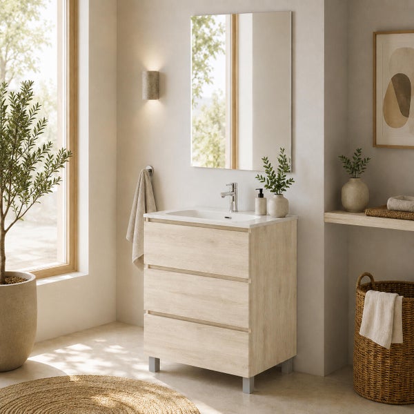 CONJUNTO MUEBLE DE BAÑO 60CM ROBLE NATURAL 2 CAJONES