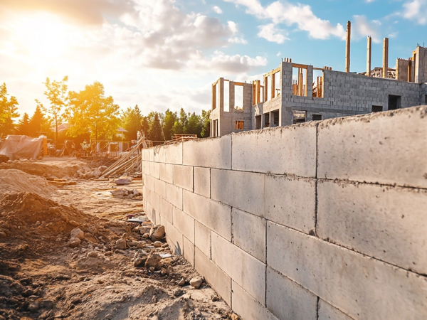 Wznoszenie ścian zewnętrznych domu jednorodzinnego z szarych bloczków betonowych na placu budowy w stanie surowym otwartym.