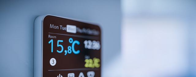 Inteligentny termostat ścienny z kolorowym wyświetlaczem pokazującym aktualną temperaturę 15,8°C i zadaną 22°C z harmonogramem tygodniowym.
