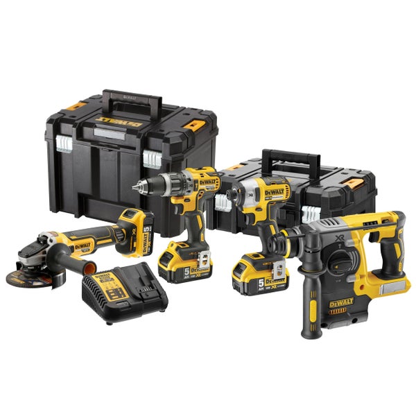PACK TALADRO PERCUTOR + ATORNILLADOR IMPACTO + AMOLADORA + MARTILLO DEWALT DCK422P3T