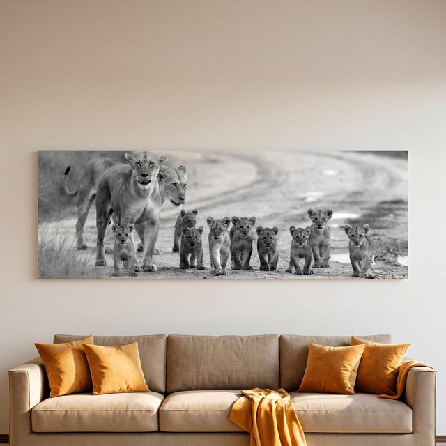 Pintura impresa sin marco Animales rectangular de 150 x 50 cm. Loneta Manada leones multicolor