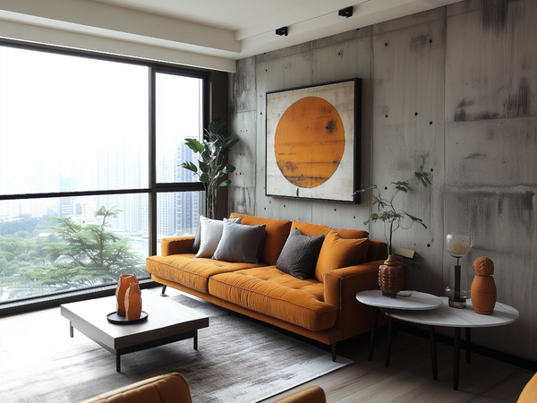 Nowoczesny salon z pomarańczową sofą aksamitną, ścianą z betonu architektonicznego i abstrakcyjnym obrazem przy panoramicznym oknie z widokiem na miasto.