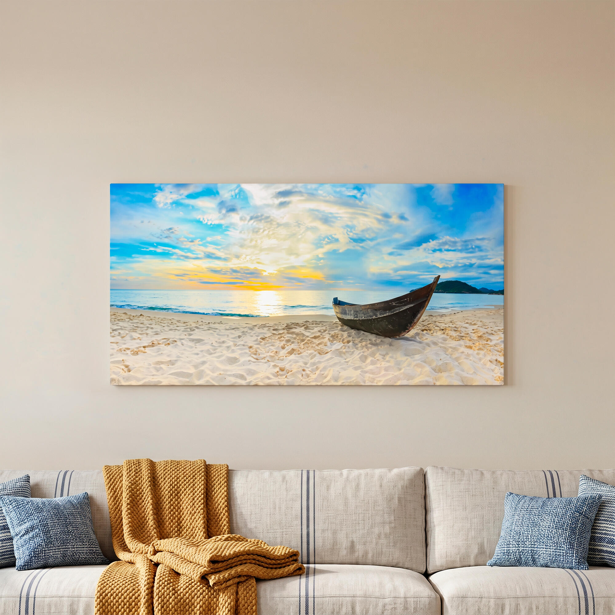 Pintura impresa sin marco urban city rectangular de 120 x 60 cm. mdf barcas pasteles cálidos