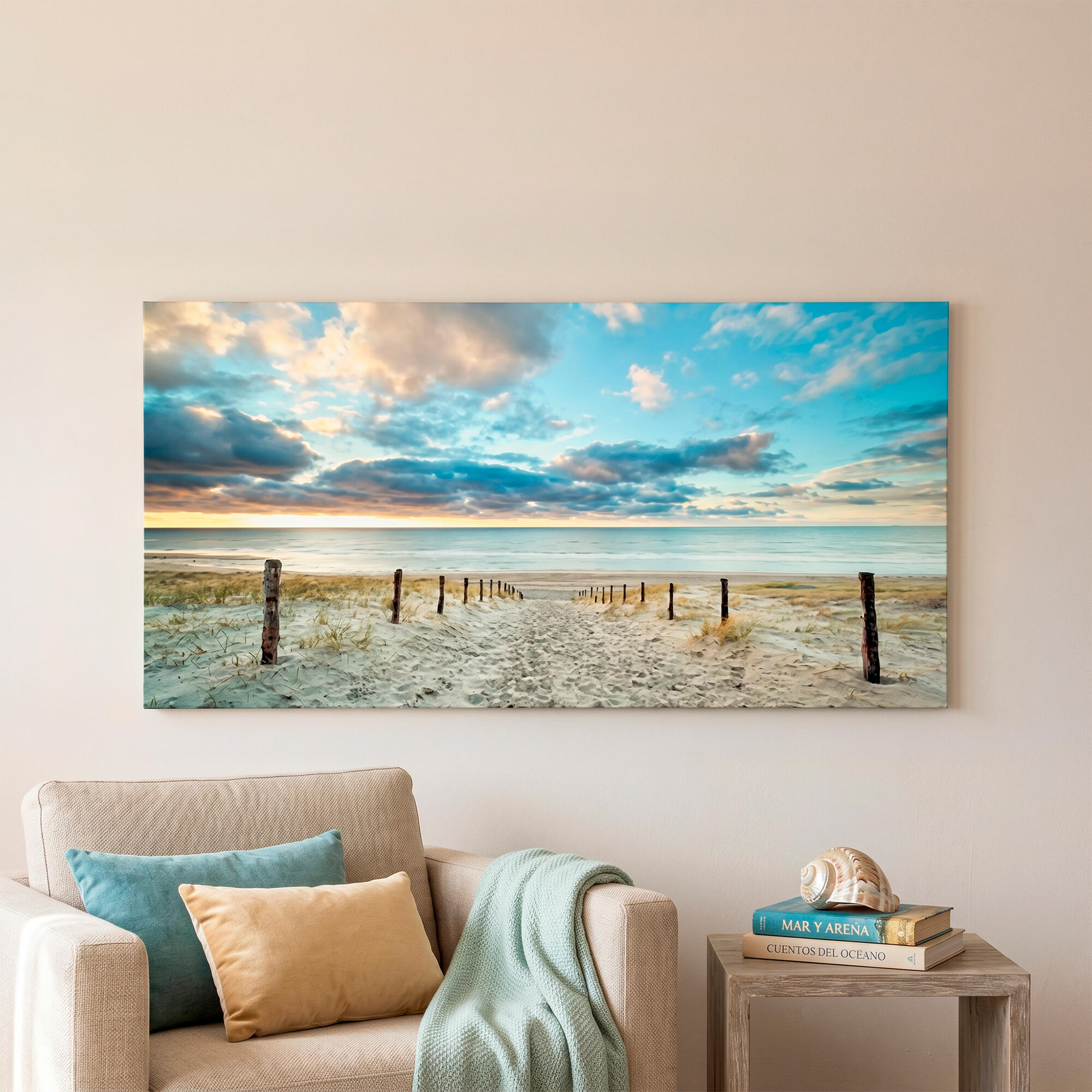 Pintura impresa sin marco urban city rectangular de 120 x 60 cm. mdf playa pasteles cálidos