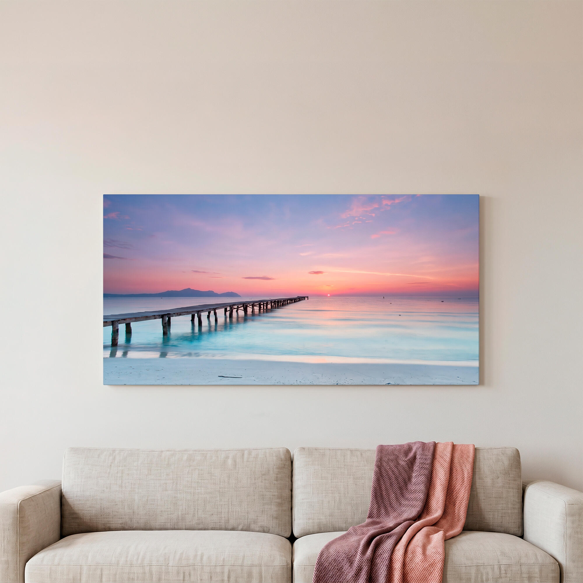Pintura impresa sin marco urban city rectangular de 120 x 60 cm. mdf playa pasteles cálidos