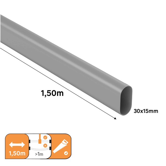 Barre de penderie fixe ovale grise 30x15 mm long.1,5 mètre