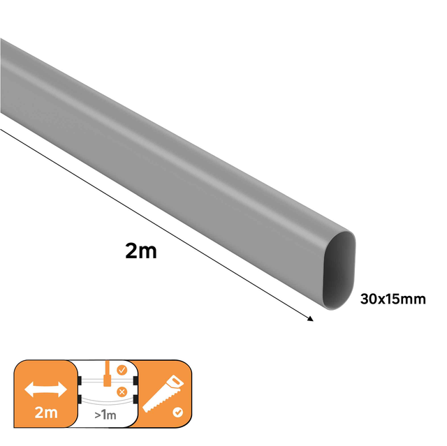 Barre de penderie fixe ovale grise 30x15 mm long.2 mètres 