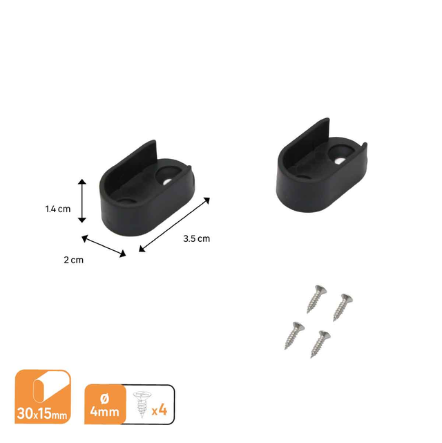 Lot 2 Supports muraux ouverts SPACEO pour barre de penderie ovale 30X15mm noir