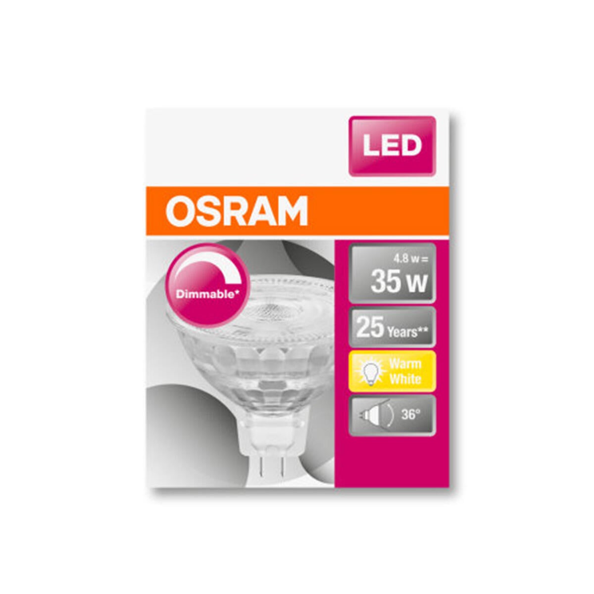 Lampadina LED, GU5.3 faretto, trasparente, luce calda, 4.9W= 350 LM (equiv 35 W), 36° dimmerabile, OSRAM - 7