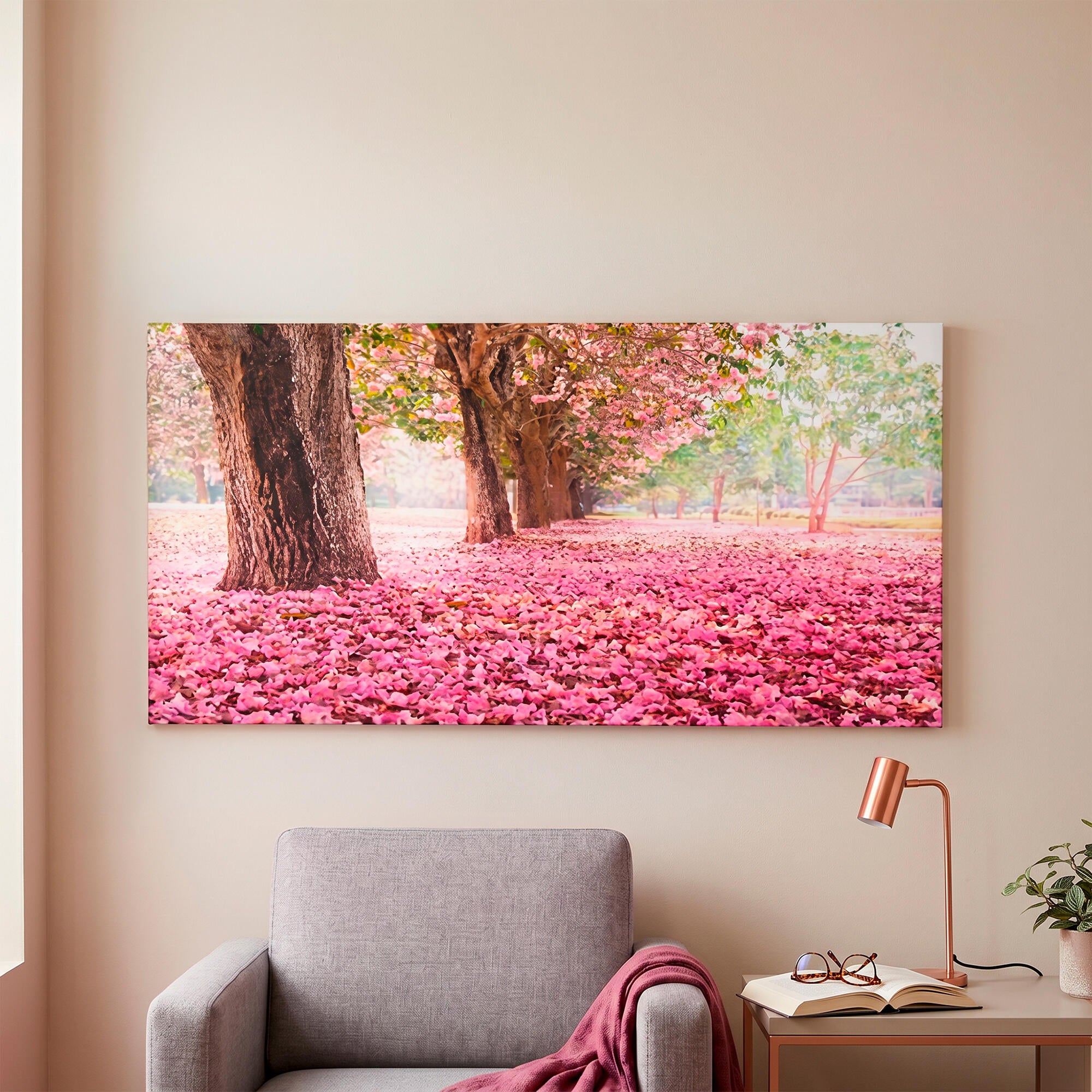 Pintura impresa sin marco botánica rectangular de 120 x 60 cm. mdf playa pasteles cálidos