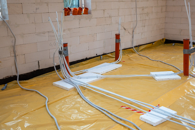 Instalacja elektryczna i kanalizacyjna w stanie surowym budynku z rurami PVC na folii izolacyjnej przed wylaniem wylewki betonowej.