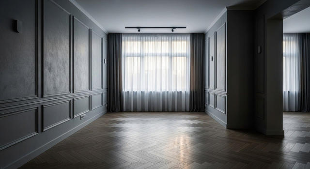 Elegancki pusty salon z parkietem dębowym w jodełkę, szarymi ścianami z klasycznymi listwami dekoracyjnymi i zasłonami przy panoramicznym oknie.