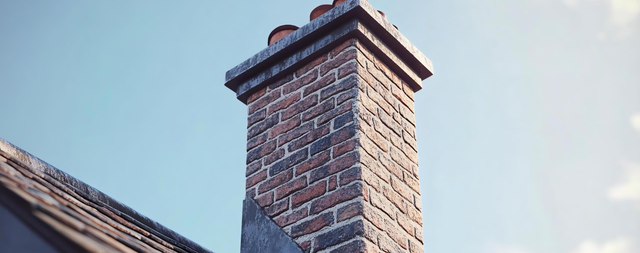 Ceglany komin z czapką kominową i czerwonymi nasadami wentylacyjnymi na tle błękitnego nieba i dachówki ceramicznej.