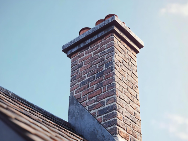 Ceglany komin z czapką kominową i czerwonymi nasadami wentylacyjnymi na tle błękitnego nieba i dachówki ceramicznej.