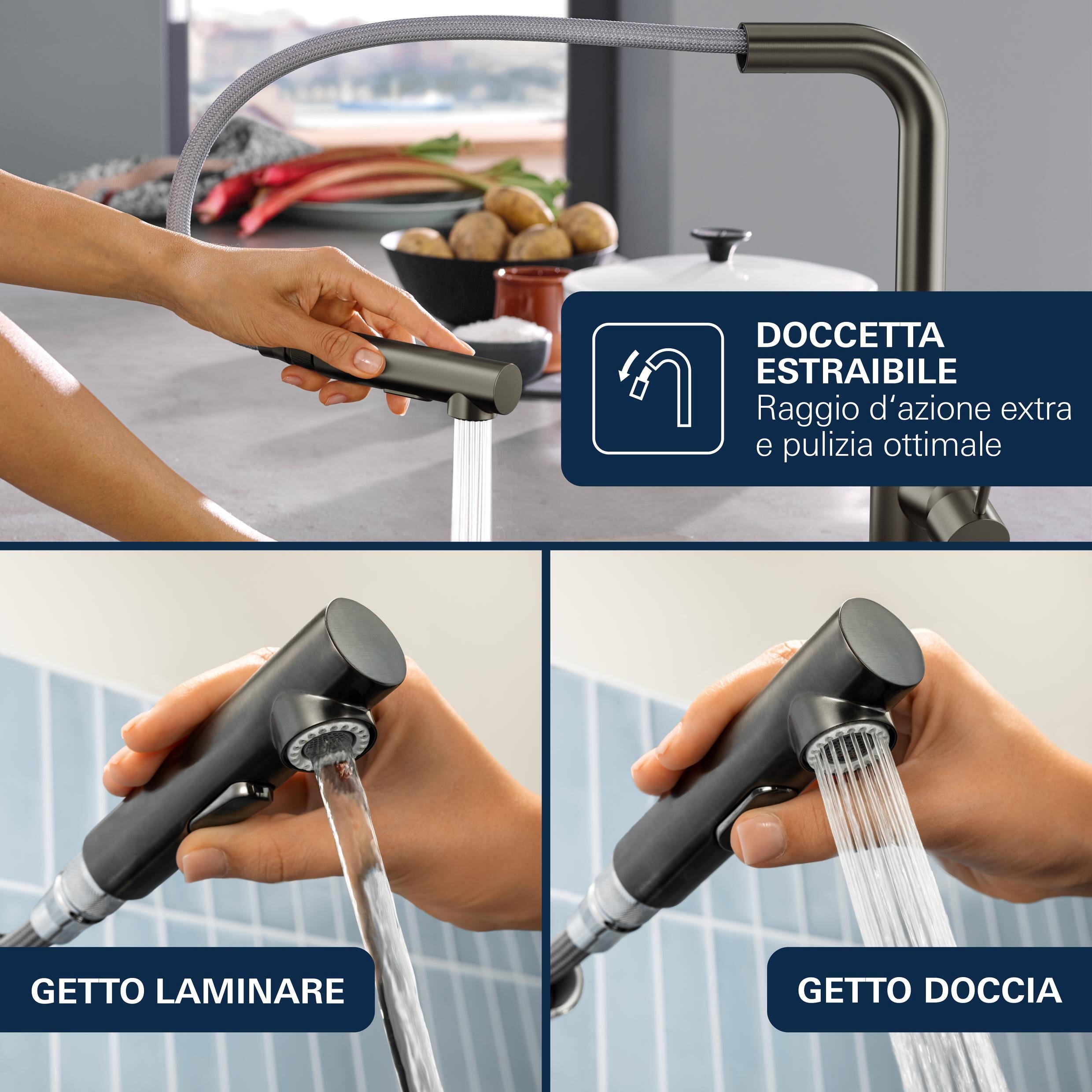 Rubinetto da cucina con doccetta a collo di cigno Essence antracite spazzolato satinato GROHE - 14