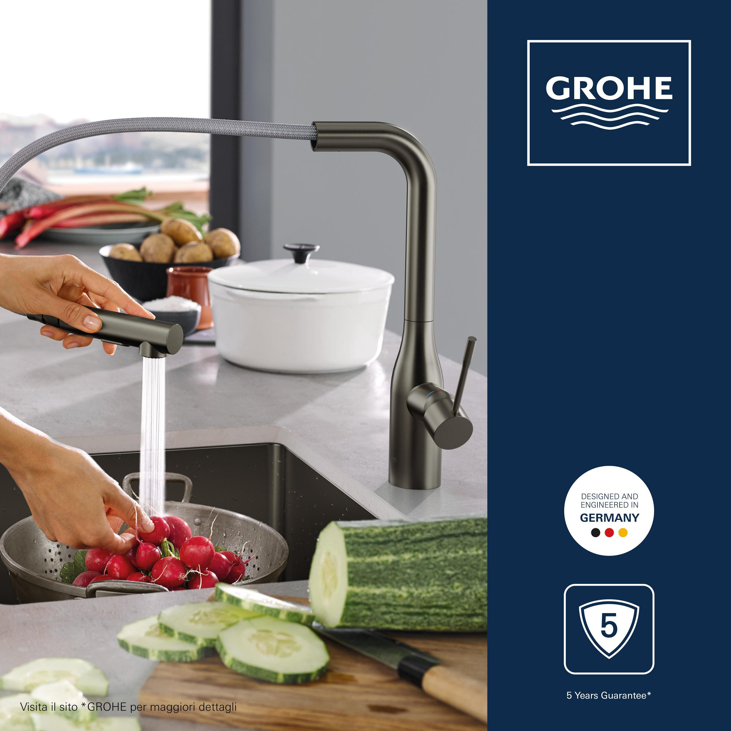 Rubinetto da cucina con doccetta a collo di cigno Essence antracite spazzolato satinato GROHE - 12