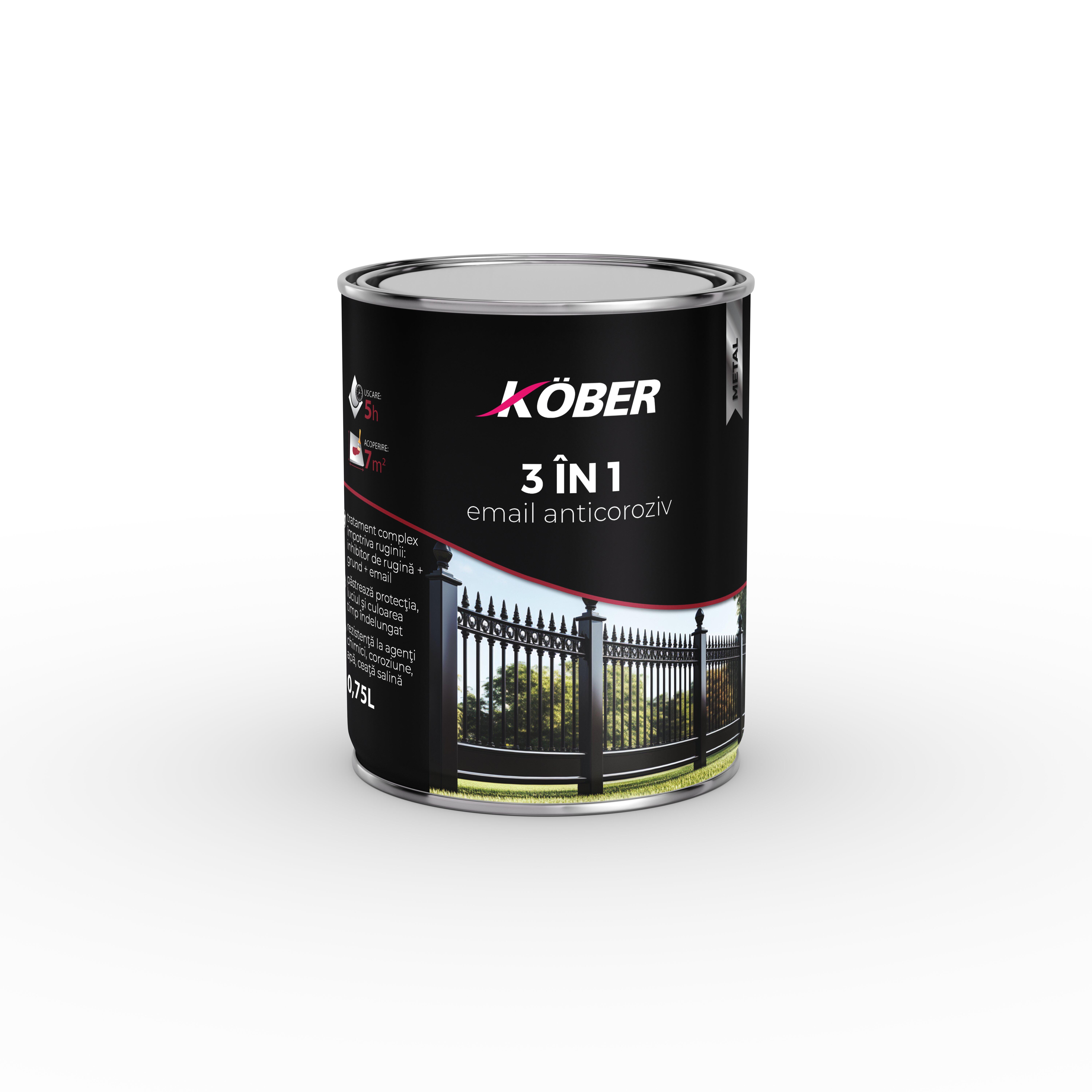 Email pe baza de solvent Kober, pentru metal, 3 in 1, brun, aspect lucios, 0.75 L