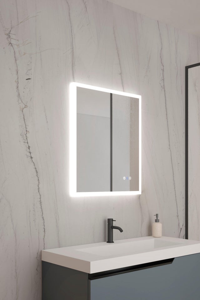 Espejo de baño rectangular con luz LED funcional Cosmos 80x70cm con antivaho, táctil, altavoz color plata