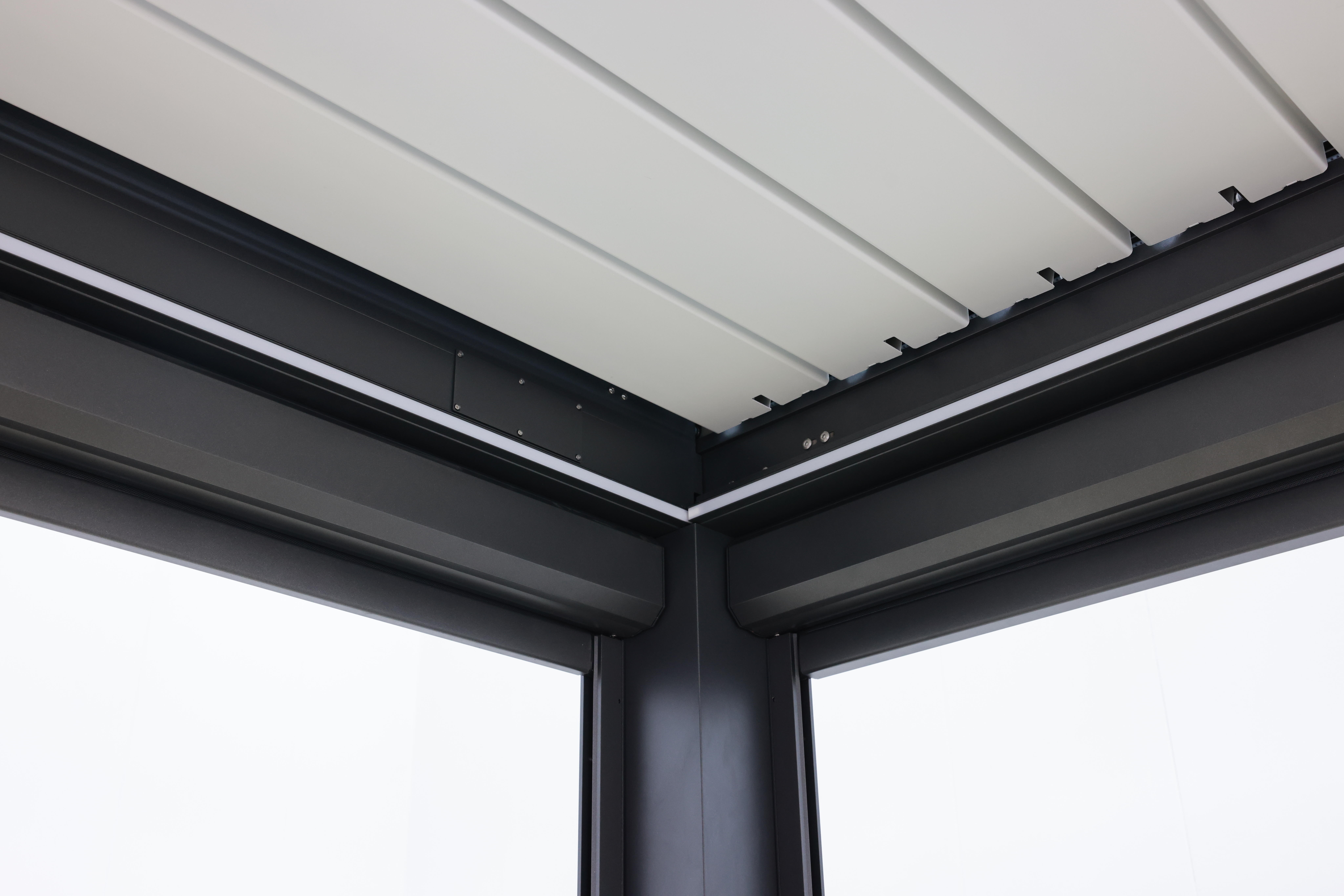 pergola bioclimatica de aluminio green outside pr12e4x3dns negro y lama blanca de 410 x 314 x 250 cm motorizada con led